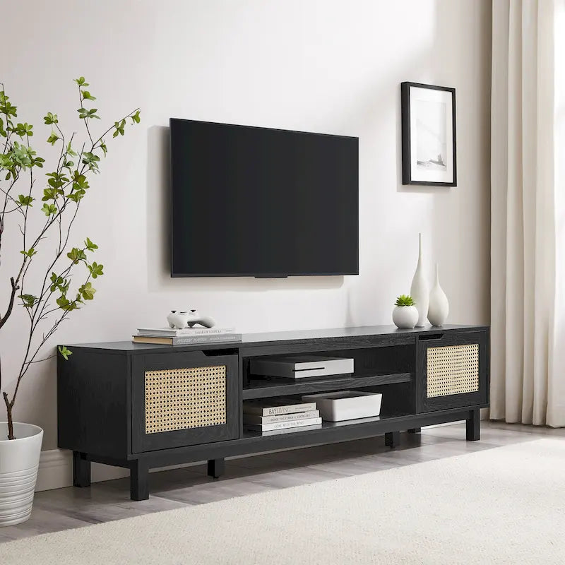 Meuble TV Scandi avec portes en faux rotin