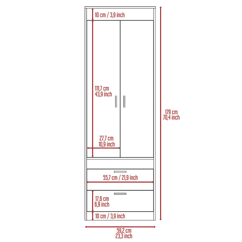 Armoire à deux portes, deux tiroirs, une tringle à vêtements