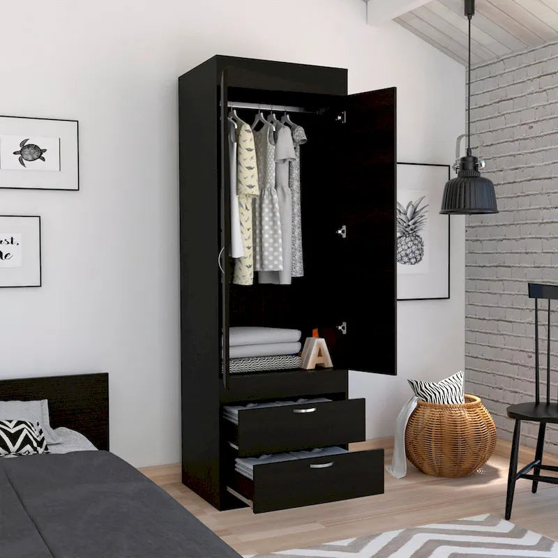 Armoire à deux portes, deux tiroirs, une tringle à vêtements