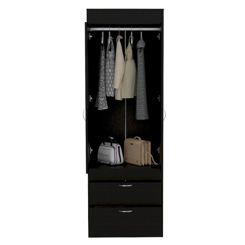 Armoire à deux portes, deux tiroirs, une tringle à vêtements