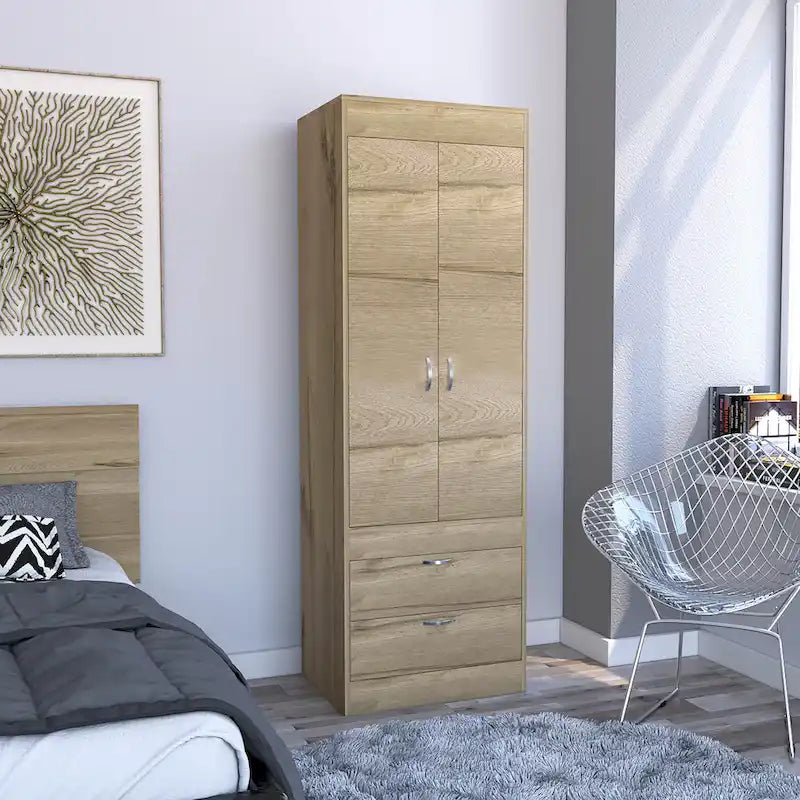 Armoire à deux portes, deux tiroirs, une tringle à vêtements