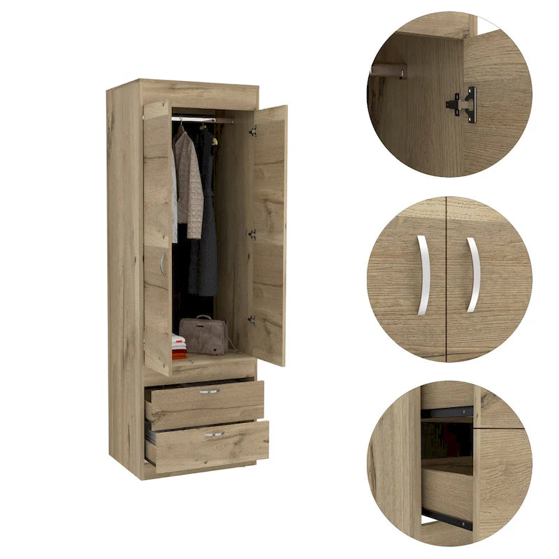 Armoire à deux portes, deux tiroirs, une tringle à vêtements