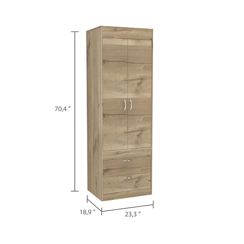 Armoire à deux portes, deux tiroirs, une tringle à vêtements