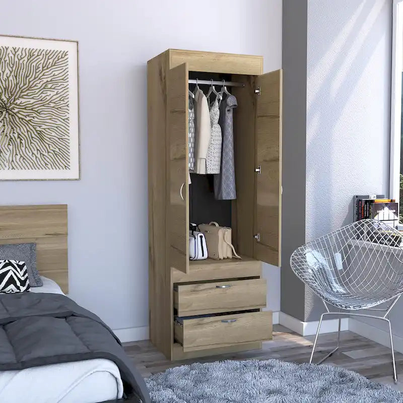 Armoire à deux portes, deux tiroirs, une tringle à vêtements