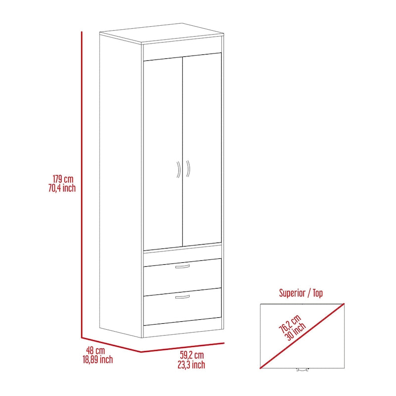 Armoire à deux portes, deux tiroirs, une tringle à vêtements