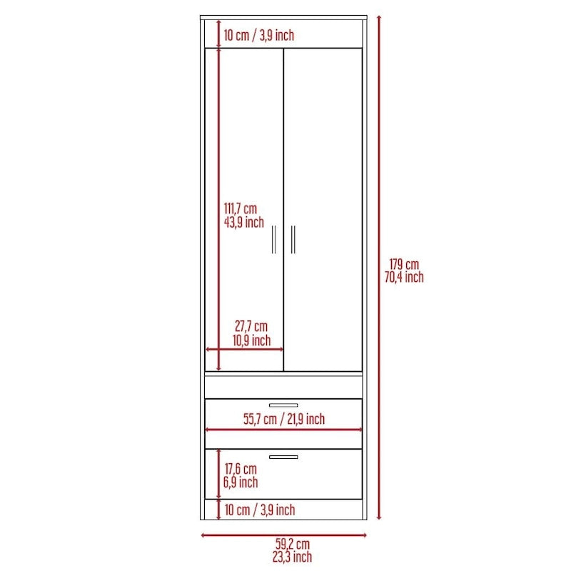 Armoire à deux portes, deux tiroirs, une tringle à vêtements