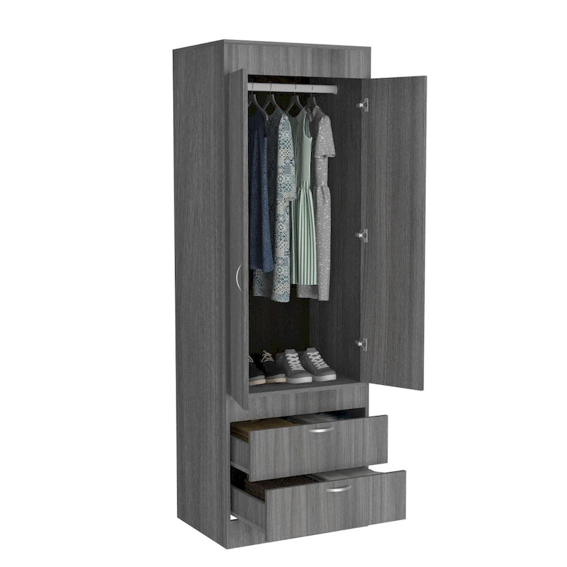 Armoire à deux portes, deux tiroirs, une tringle à vêtements