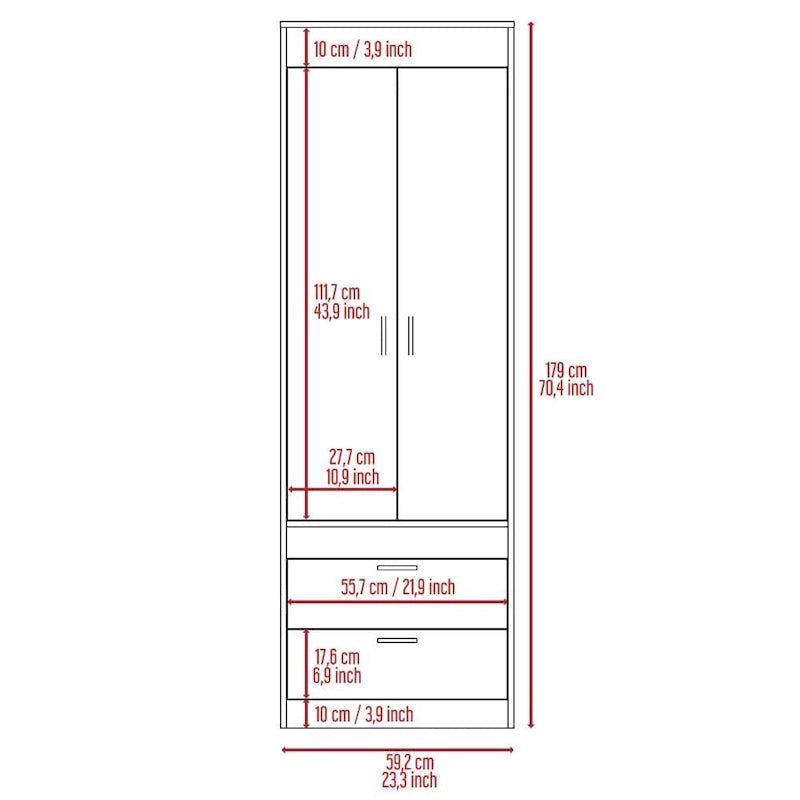 Armoire à deux portes, deux tiroirs, une tringle à vêtements