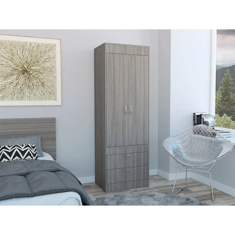 Armoire à deux portes, deux tiroirs, une tringle à vêtements