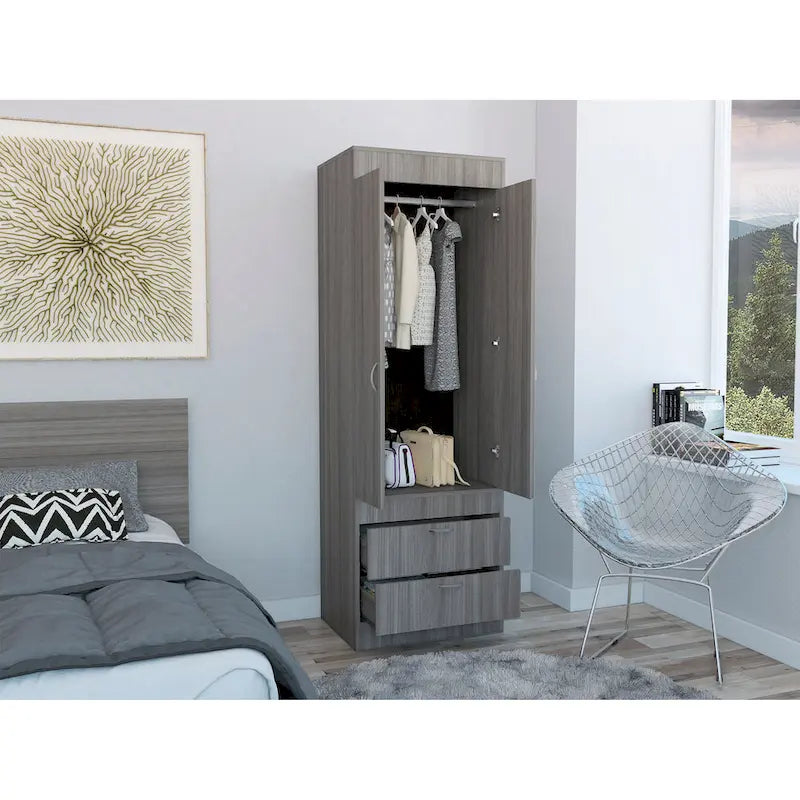 Armoire à deux portes, deux tiroirs, une tringle à vêtements