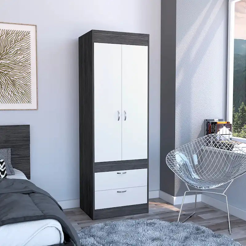 Armoire à deux portes, deux tiroirs, une tringle à vêtements
