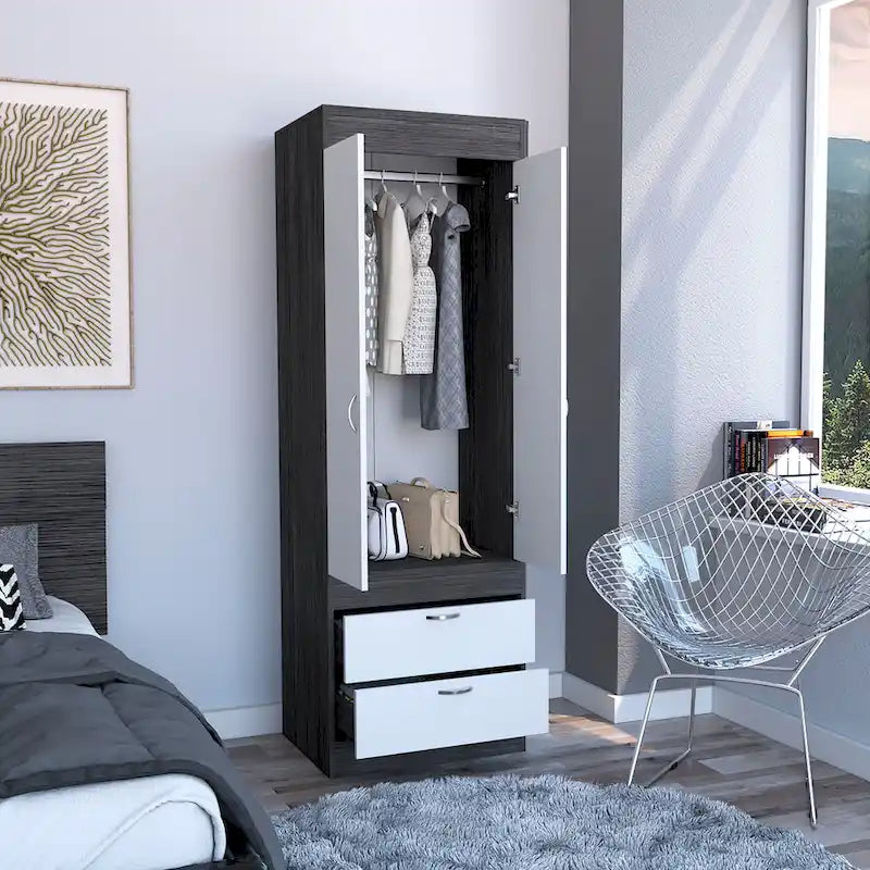 Armoire à deux portes, deux tiroirs, une tringle à vêtements