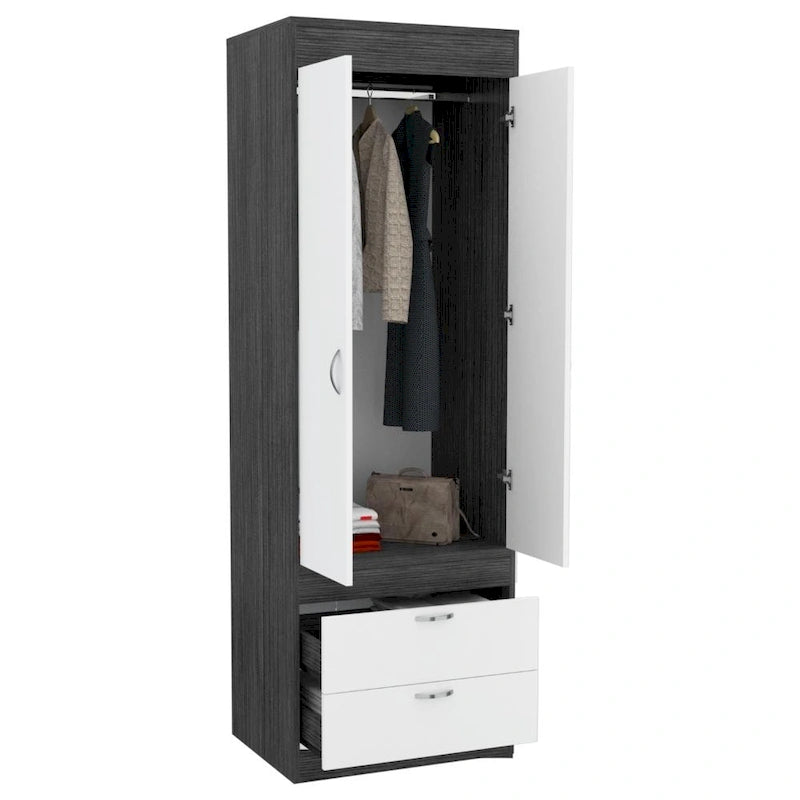 Armoire à deux portes, deux tiroirs, une tringle à vêtements