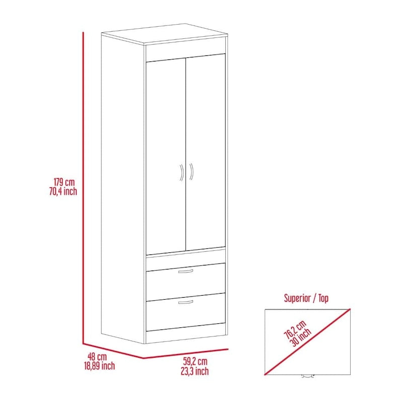 Armoire à deux portes, deux tiroirs, une tringle à vêtements