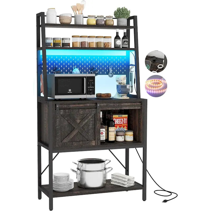 Étagère de boulanger à 5 niveaux avec LED et rangement coulissant, table de bar avec prises de courant