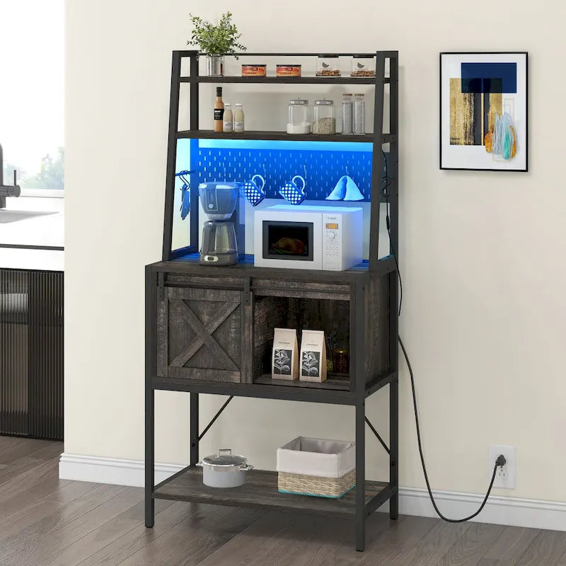 Étagère de boulanger à 5 niveaux avec LED et rangement coulissant, table de bar avec prises de courant