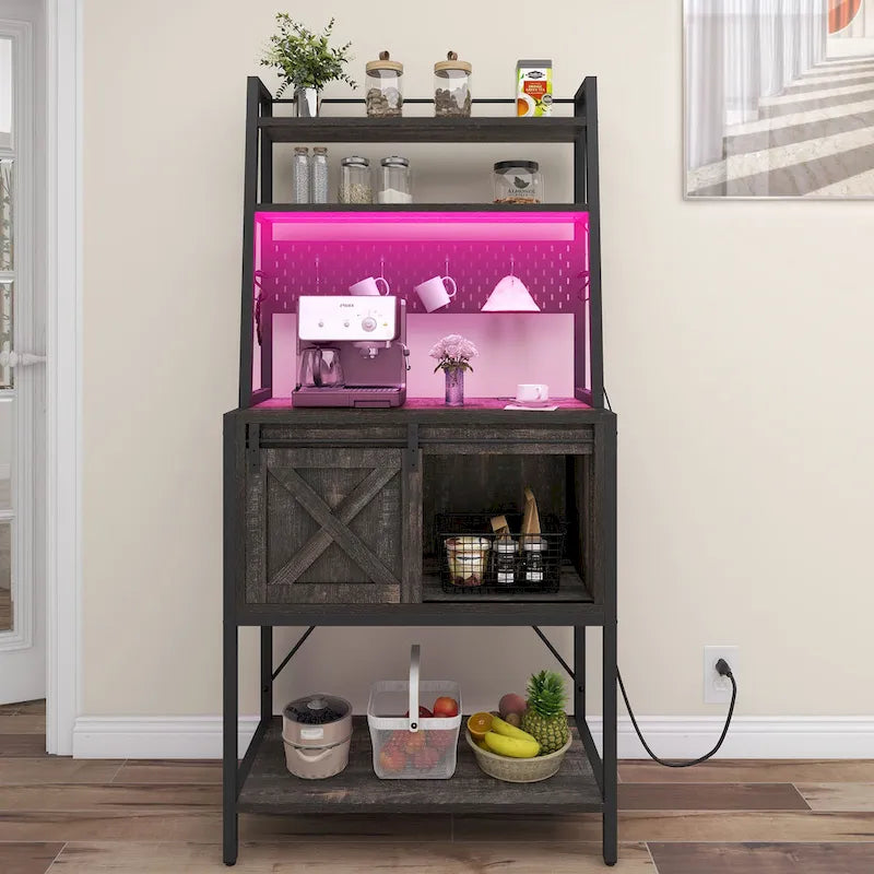 Étagère de boulanger à 5 niveaux avec LED et rangement coulissant, table de bar avec prises de courant
