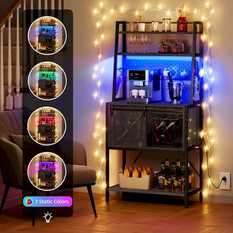 Étagère de boulanger à 5 niveaux avec LED et rangement coulissant, table de bar avec prises de courant