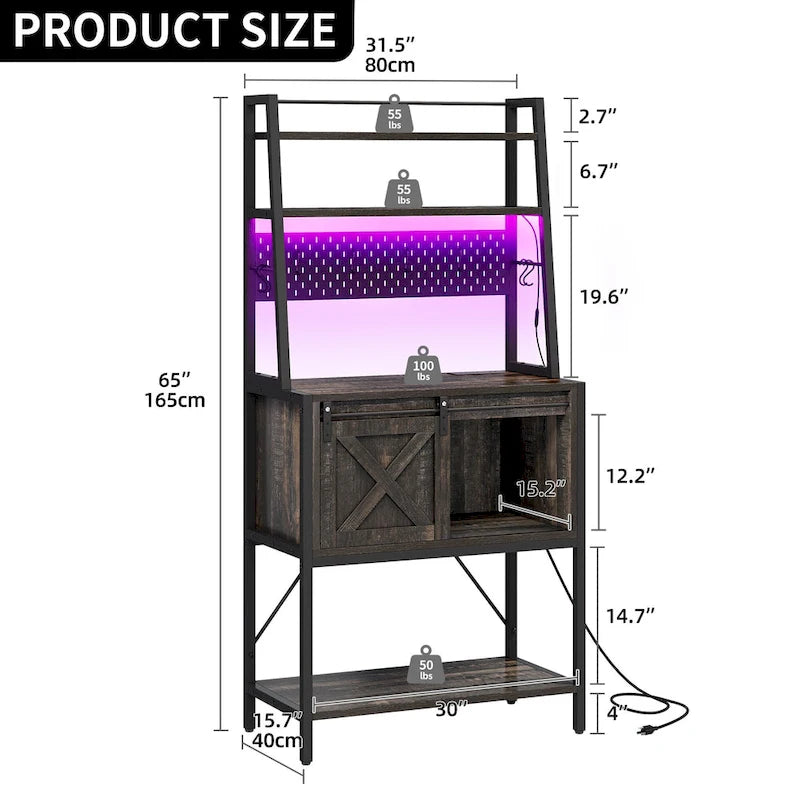 Étagère de boulanger à 5 niveaux avec LED et rangement coulissant, table de bar avec prises de courant