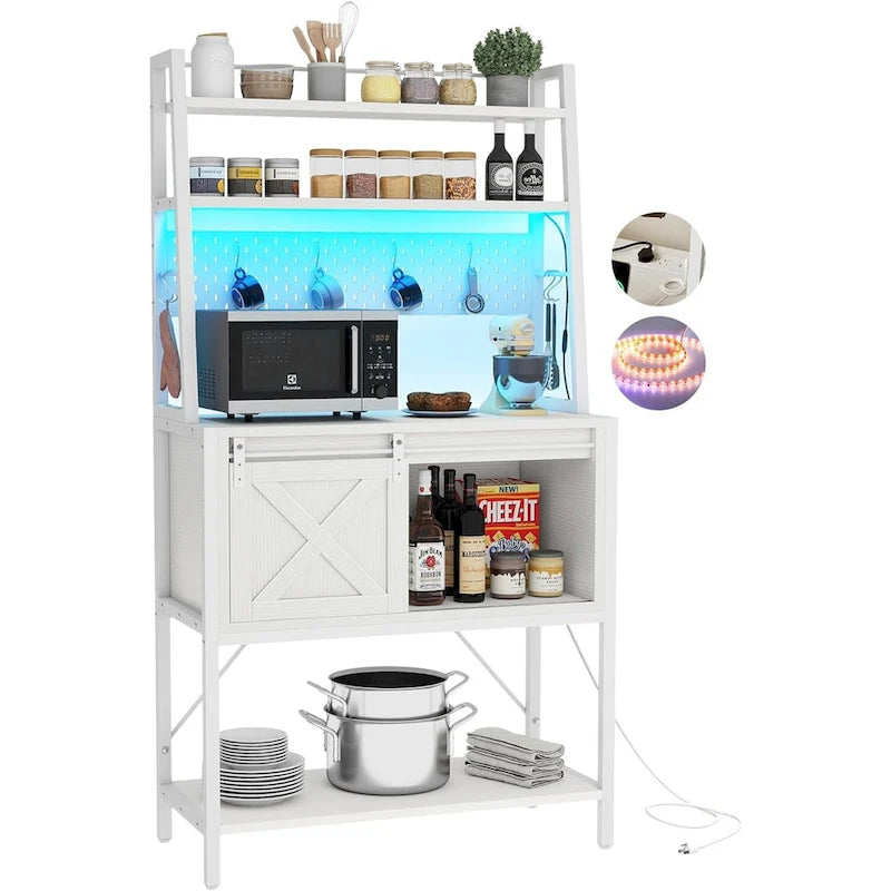 Étagère de boulanger à 5 niveaux avec LED et rangement coulissant, table de bar avec prises de courant