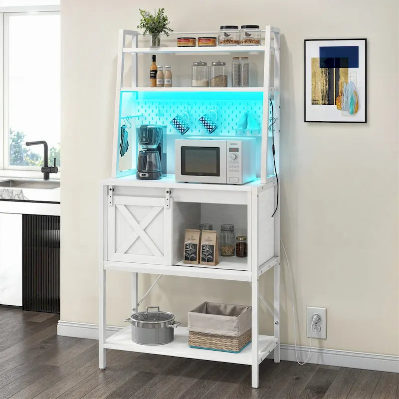 Étagère de boulanger à 5 niveaux avec LED et rangement coulissant, table de bar avec prises de courant