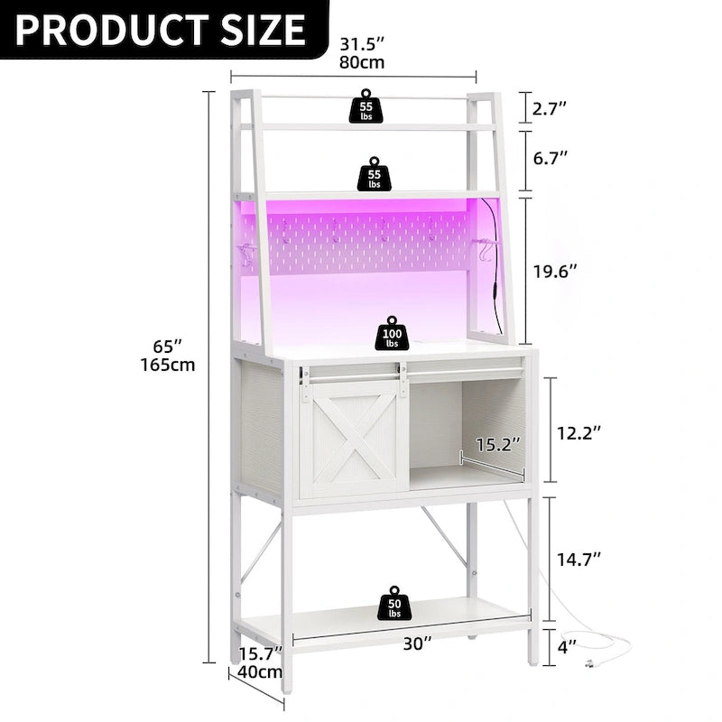 Étagère de boulanger à 5 niveaux avec LED et rangement coulissant, table de bar avec prises de courant