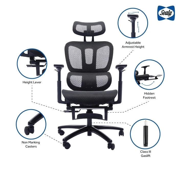 Fauteuil de bureau ergonomique en maille à dossier haut avec appui-tête et accoudoirs réglables