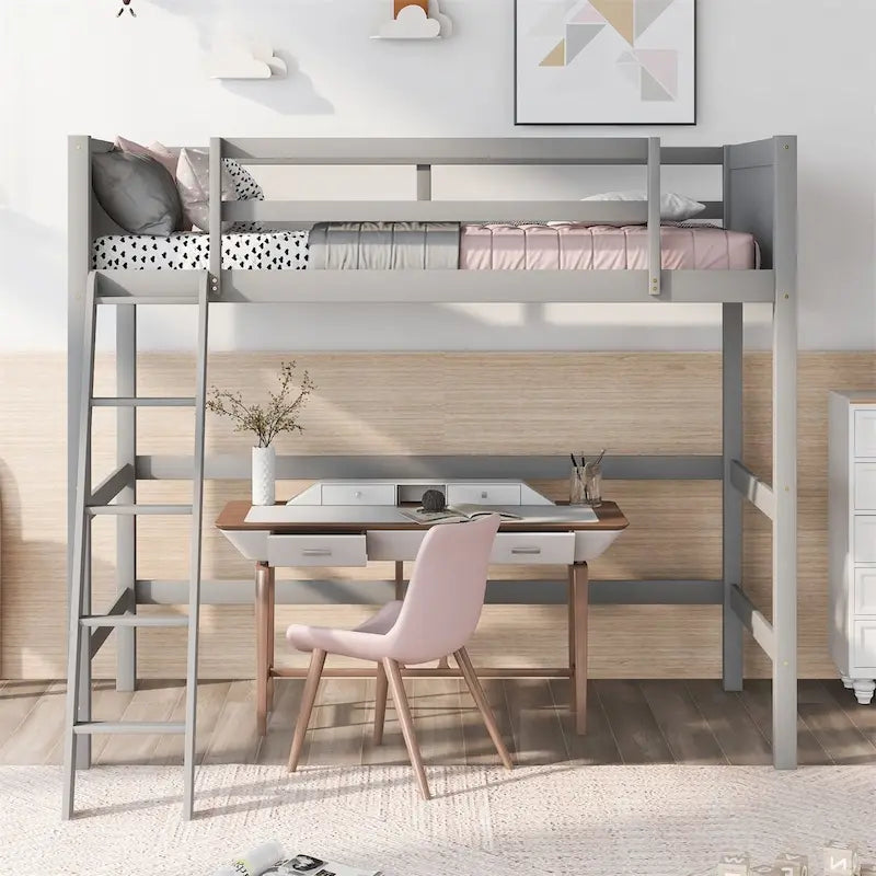 Lit mezzanine double en bois massif avec échelle