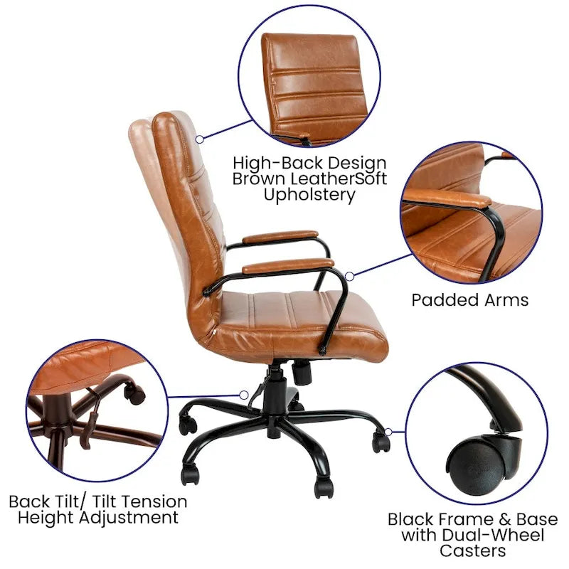 Fauteuil de bureau de direction pivotant en cuir synthétique à dossier haut avec piétement chromé