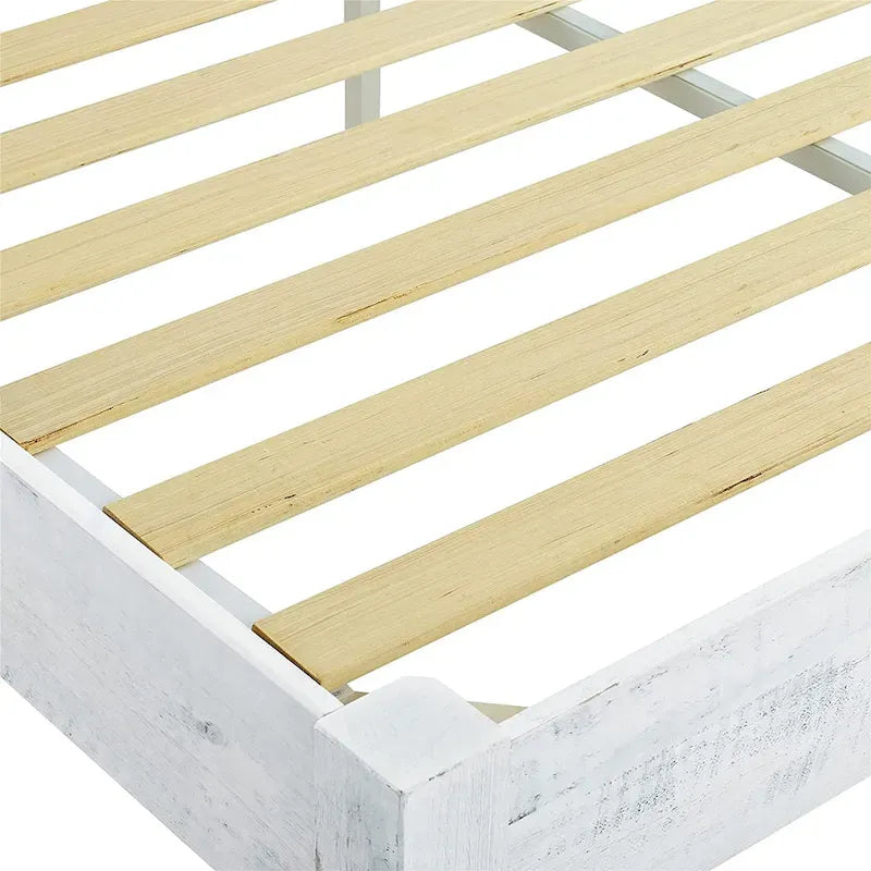 Cadre de lit plateforme rustique en bois de pin massif 12 lattes, blanchi, King - Blanchi