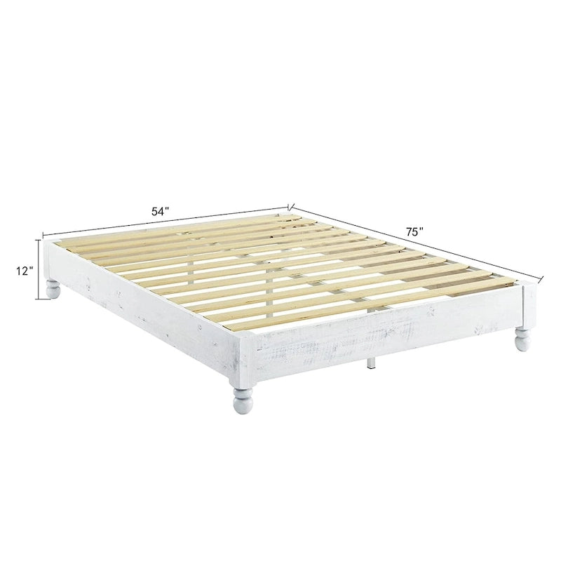 Cadre de lit plateforme rustique en bois de pin massif 12 lattes, blanchi, King - Blanchi