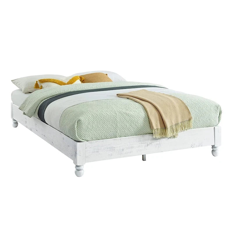 Cadre de lit plateforme rustique en bois de pin massif 12 lattes, blanchi, King - Blanchi