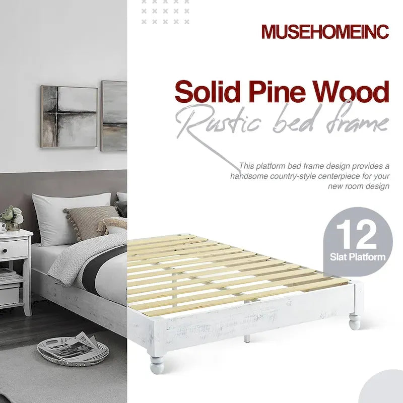 Cadre de lit plateforme rustique en bois de pin massif 12 lattes, blanchi, King - Blanchi
