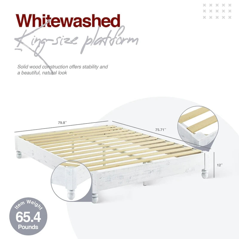 Cadre de lit plateforme rustique en bois de pin massif 12 lattes, blanchi, King - Blanchi