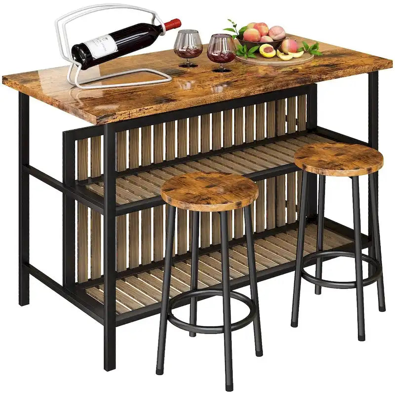 Îlot de cuisine avec 2 tabourets et étagères ouvertes