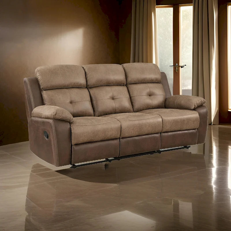 Emma 84 Inch Double Manual Recliner Sofa, Soft Brown Microfiber, Solid Wood