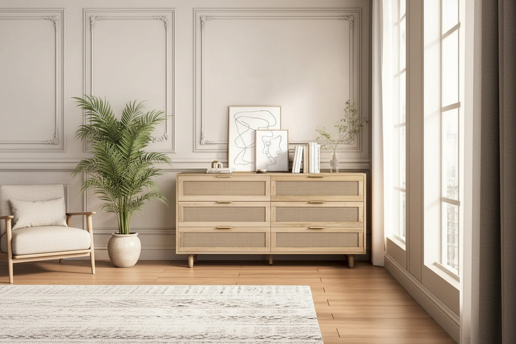 Meuble de rangement d'appoint avec 6 tiroirs en rotin