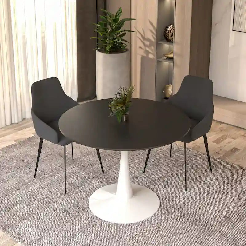 LeisureMod Bristol 40 Round Dining Table for 4 with MDF Wood Tabletop in White Steel Base for Kitchen & Dining Room