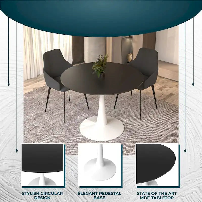 Table à manger ronde de 102 cm pour 4 personnes avec plateau en MDF et base en acier blanc pour cuisine et salle à manger
