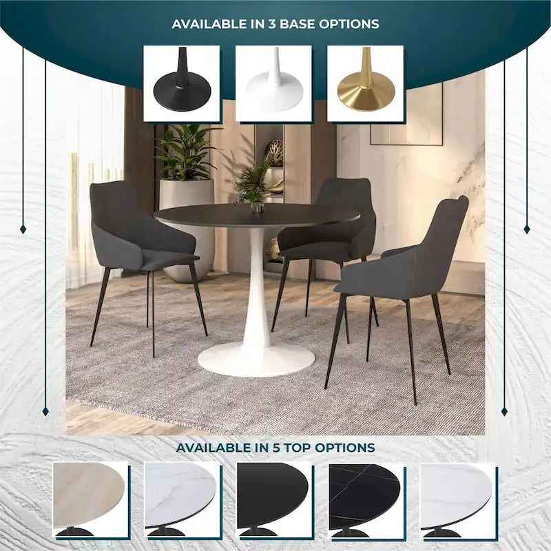 Table à manger ronde de 102 cm pour 4 personnes avec plateau en MDF et base en acier blanc pour cuisine et salle à manger