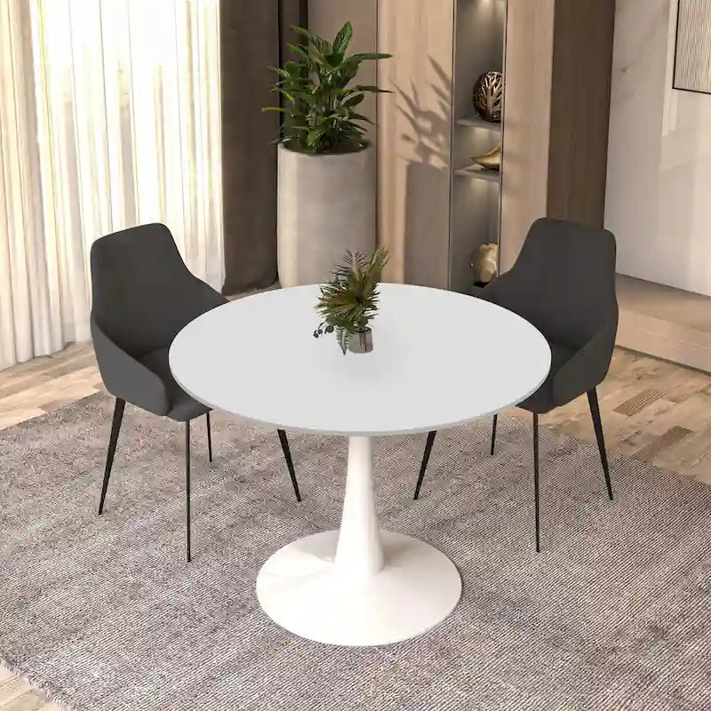 Table à manger ronde de 102 cm pour 4 personnes avec plateau en MDF et base en acier blanc pour cuisine et salle à manger