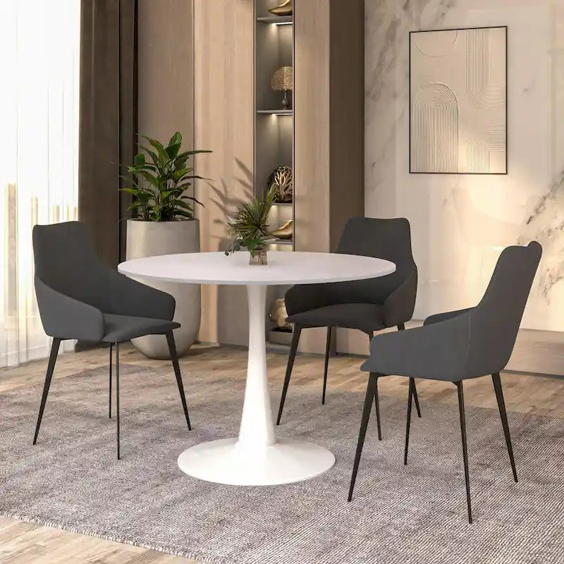 Table à manger ronde de 102 cm pour 4 personnes avec plateau en MDF et base en acier blanc pour cuisine et salle à manger