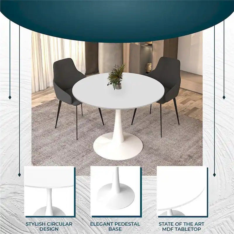 Table à manger ronde de 102 cm pour 4 personnes avec plateau en MDF et base en acier blanc pour cuisine et salle à manger