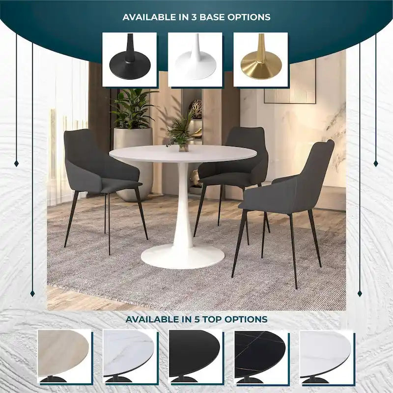 Table à manger ronde de 102 cm pour 4 personnes avec plateau en MDF et base en acier blanc pour cuisine et salle à manger