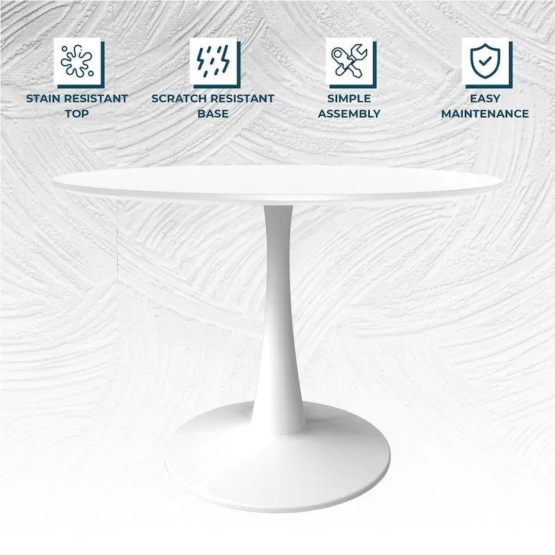 Table à manger ronde de 102 cm pour 4 personnes avec plateau en MDF et base en acier blanc pour cuisine et salle à manger