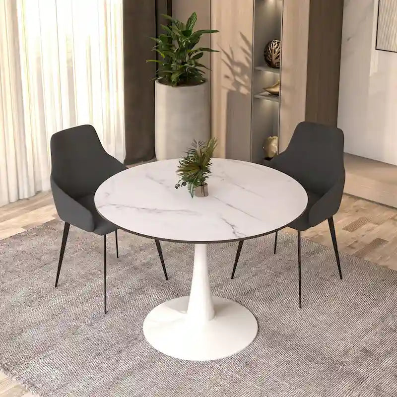 Table à manger ronde de 102 cm pour 4 personnes avec plateau en MDF et base en acier blanc pour cuisine et salle à manger