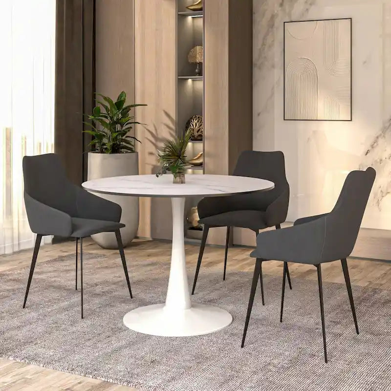 Table à manger ronde de 102 cm pour 4 personnes avec plateau en MDF et base en acier blanc pour cuisine et salle à manger