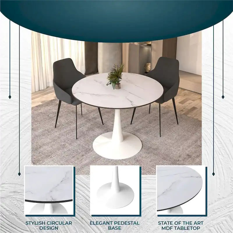 Table à manger ronde de 102 cm pour 4 personnes avec plateau en MDF et base en acier blanc pour cuisine et salle à manger