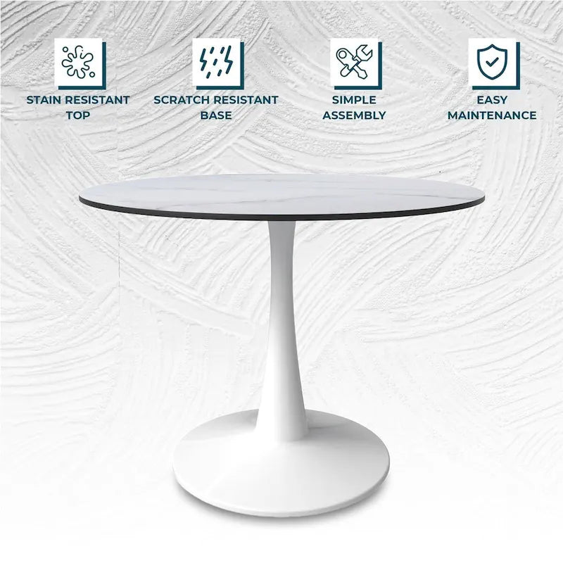 Table à manger ronde de 102 cm pour 4 personnes avec plateau en MDF et base en acier blanc pour cuisine et salle à manger