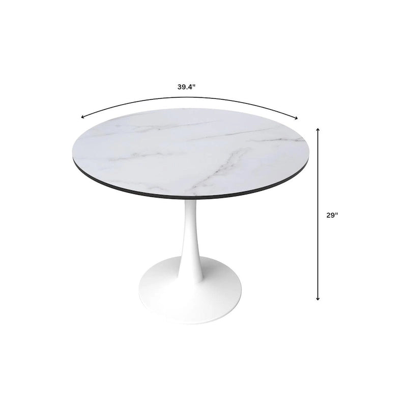 Table à manger ronde de 102 cm pour 4 personnes avec plateau en MDF et base en acier blanc pour cuisine et salle à manger
